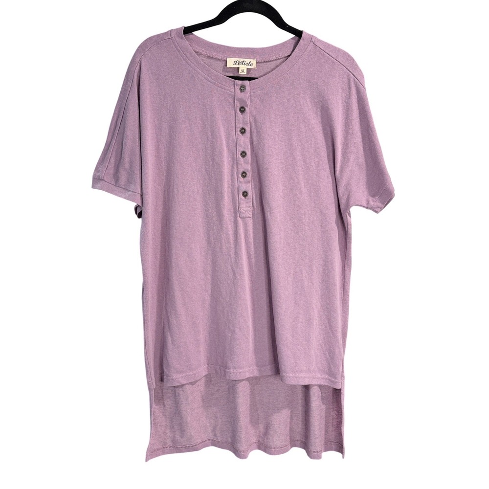Listicle Purple Henley Top Womens Large Short Sleeve High‎ Low Hem Casual Tunic